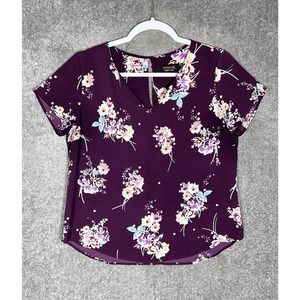 Renee C V-Neck Keyhole Top Womens Size‎ Medium Purple Floral Stretch USA Made